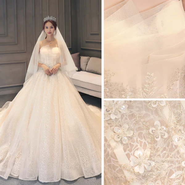 Chic / Belle Champagne Dentelle Robe De Mariée 2019 Robe Boule Bustier Sans Manches Dos Nu Glitter Tulle Appliques En Dentelle Perlage Chapel Train Volants