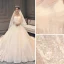 Chic / Belle Champagne Dentelle Robe De Mariée 2019 Robe Boule Bustier Sans Manches Dos Nu Glitter Tulle Appliques En Dentelle Perlage Chapel Train Volants