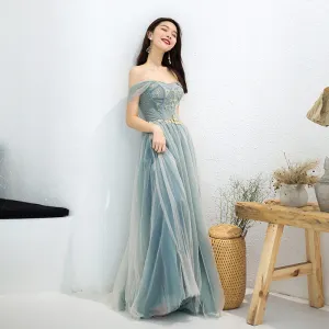 Elegant Green Evening Dresses 2019 A Line Princess Shoulders Sleeveless Beading Sash Floor Length Long Ruffle Backless Formal Dresses