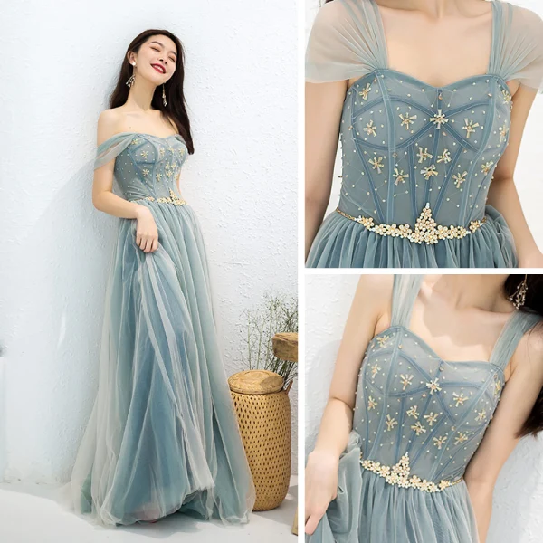 Elegant Green Evening Dresses  2019 A-Line / Princess Shoulders Sleeveless Beading Sash Floor-Length / Long Ruffle Backless Formal Dresses