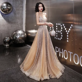 Sparkly See Through Gold Evening Dresses 2019 A Line Princess Spaghetti Straps Sleeveless Glitter Floor Length Long Ruffle Backless Formal Dresses