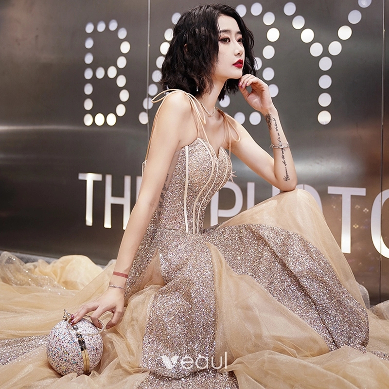 Sparkly See Through Gold Evening Dresses 2019 A Line Princess Spaghetti  Straps Sleeveless Glitter Floor Length Long Ruffle Backless Formal Dresses
