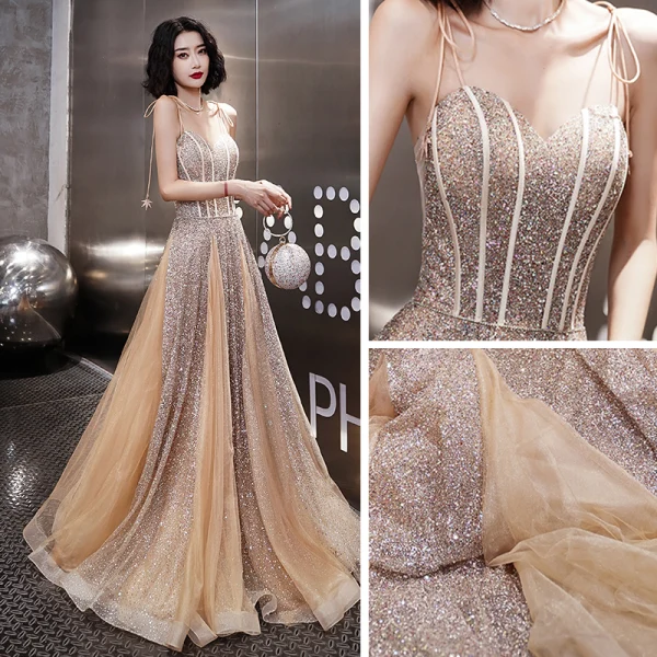 Glitzernden Durchsichtige Gold Abendkleider 2019 A Linie Spaghettiträger Ärmellos Glanz Lange Rüschen Rückenfreies Festliche Kleider