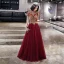 Vintage / Retro Burgundy See-through Evening Dresses  2019 A-Line / Princess High Neck Short Sleeve Beading Floor-Length / Long Ruffle Backless Formal Dresses