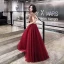 Vintage / Retro Burgundy See-through Evening Dresses  2019 A-Line / Princess High Neck Short Sleeve Beading Floor-Length / Long Ruffle Backless Formal Dresses
