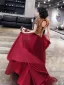 Vintage / Retro Burgundy See-through Evening Dresses  2019 A-Line / Princess High Neck Short Sleeve Beading Floor-Length / Long Ruffle Backless Formal Dresses