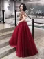 Vintage / Retro Burgundy See-through Evening Dresses  2019 A-Line / Princess High Neck Short Sleeve Beading Floor-Length / Long Ruffle Backless Formal Dresses