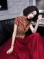 Vintage / Retro Burgundy See-through Evening Dresses  2019 A-Line / Princess High Neck Short Sleeve Beading Floor-Length / Long Ruffle Backless Formal Dresses