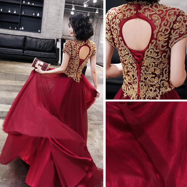 Vintage / Retro Burgundy See-through Evening Dresses  2019 A-Line / Princess High Neck Short Sleeve Beading Floor-Length / Long Ruffle Backless Formal Dresses