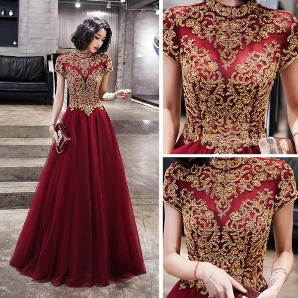 Vintage / Retro Burgundy See-through Evening Dresses  2019 A-Line / Princess High Neck Short Sleeve Beading Floor-Length / Long Ruffle Backless Formal Dresses