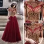 Vintage / Retro Burgundy See-through Evening Dresses  2019 A-Line / Princess High Neck Short Sleeve Beading Floor-Length / Long Ruffle Backless Formal Dresses