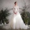 Charming Champagne Lace Pierced Wedding Dresses 2019 A-Line / Princess See-through Scoop Neck 1/2 Sleeves Backless Appliques Lace Chapel Train Ruffle