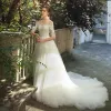 Charming Champagne Lace Pierced Wedding Dresses 2019 A-Line / Princess See-through Scoop Neck 1/2 Sleeves Backless Appliques Lace Chapel Train Ruffle