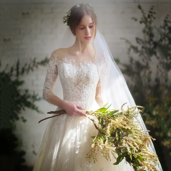 Charming Champagne Lace Pierced Wedding Dresses 2019 A-Line / Princess See-through Scoop Neck 1/2 Sleeves Backless Appliques Lace Chapel Train Ruffle
