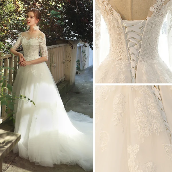 Charming Champagne Lace Pierced Wedding Dresses 2019 A-Line / Princess See-through Scoop Neck 1/2 Sleeves Backless Appliques Lace Chapel Train Ruffle