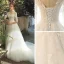 Charming Champagne Lace Pierced Wedding Dresses 2019 A-Line / Princess See-through Scoop Neck 1/2 Sleeves Backless Appliques Lace Chapel Train Ruffle