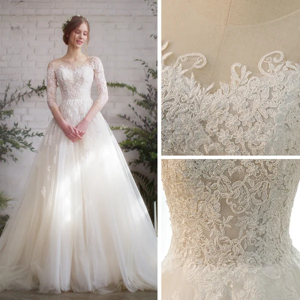 Charming Champagne Lace Pierced Wedding Dresses 2019 A-Line / Princess See-through Scoop Neck 1/2 Sleeves Backless Appliques Lace Chapel Train Ruffle