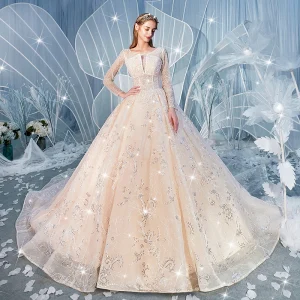 Chic Belle Champagne Transparentes Robe De Mariée 2019 Robe Boule Encolure Carrée Manches Longues Dos Nu Paillettes Perlage Chapel Train Volants
