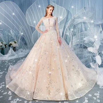 Snygga Fina Champagne Genomskinliga Bröllopsklänningar 2019 Balklänning Fyrkantig Ringning Långärmad Halterneck Paljetter Beading Chapel Train Ruffle