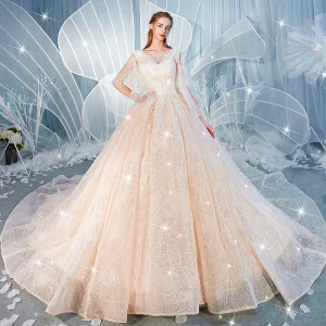 Scintillantes Champagne Robe De Mariée 2019 Robe Boule Encolure Carrée 1 2 Manches Dos Nu Paillettes Perlage Chapel Train Volants