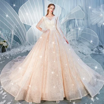 Sparkly Champagne Wedding Dresses 2019 Ball Gown Square Neckline 1 2 Sleeves Backless Sequins Beading Chapel Train Ruffle