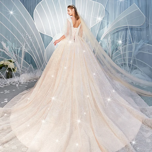 Glitzernden Champagner Brautkleider / Hochzeitskleider 2019 Ballkleid Eckiger Ausschnitt 1/2 Ärmel Rückenfreies Pailletten Perlenstickerei Kapelle-Schleppe Rüschen