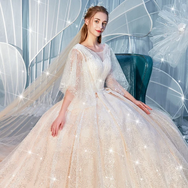 Glitzernden Champagner Brautkleider / Hochzeitskleider 2019 Ballkleid Eckiger Ausschnitt 1/2 Ärmel Rückenfreies Pailletten Perlenstickerei Kapelle-Schleppe Rüschen