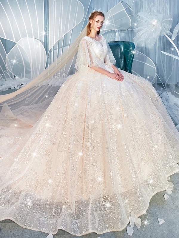 Glitzernden Champagner Brautkleider / Hochzeitskleider 2019 Ballkleid Eckiger Ausschnitt 1/2 Ärmel Rückenfreies Pailletten Perlenstickerei Kapelle-Schleppe Rüschen