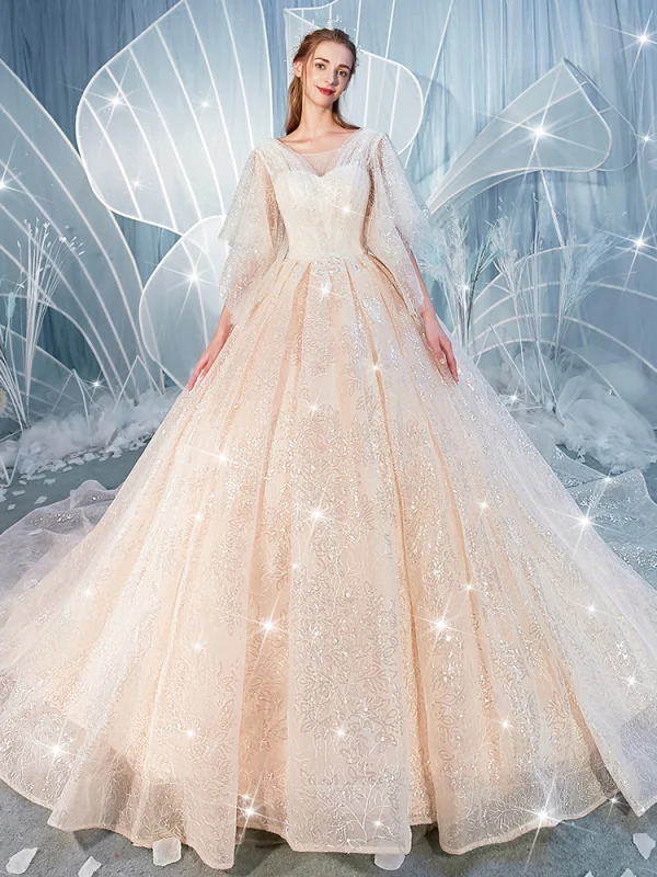 Glitzernden Champagner Brautkleider / Hochzeitskleider 2019 Ballkleid Eckiger Ausschnitt 1/2 Ärmel Rückenfreies Pailletten Perlenstickerei Kapelle-Schleppe Rüschen