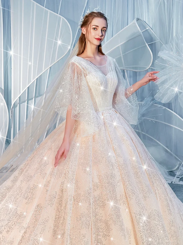 Glitzernden Champagner Brautkleider / Hochzeitskleider 2019 Ballkleid Eckiger Ausschnitt 1/2 Ärmel Rückenfreies Pailletten Perlenstickerei Kapelle-Schleppe Rüschen