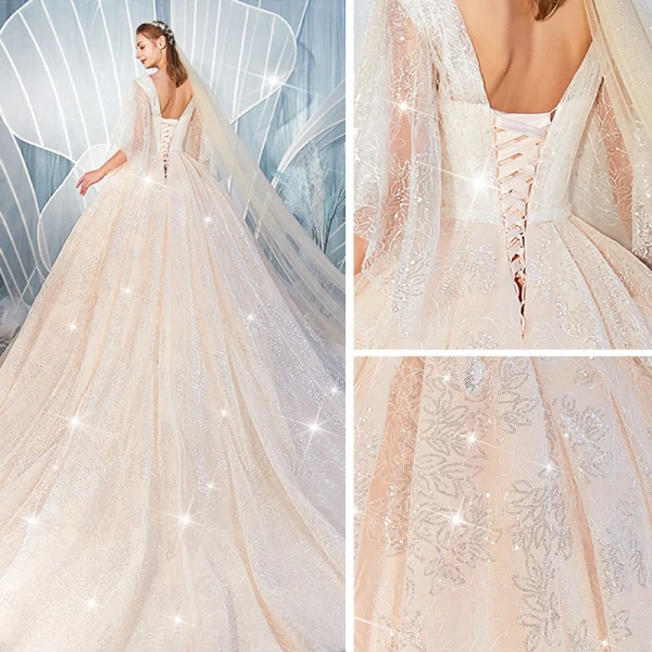 Glitzernden Champagner Brautkleider / Hochzeitskleider 2019 Ballkleid Eckiger Ausschnitt 1/2 Ärmel Rückenfreies Pailletten Perlenstickerei Kapelle-Schleppe Rüschen