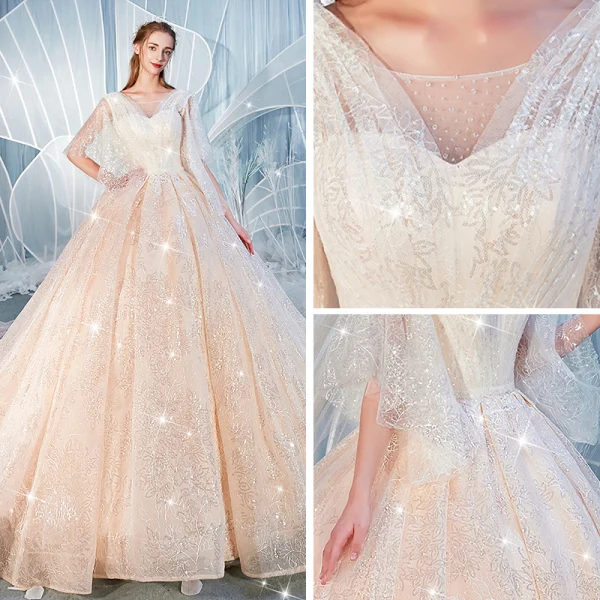 Glitzernden Champagner Brautkleider / Hochzeitskleider 2019 Ballkleid Eckiger Ausschnitt 1/2 Ärmel Rückenfreies Pailletten Perlenstickerei Kapelle-Schleppe Rüschen
