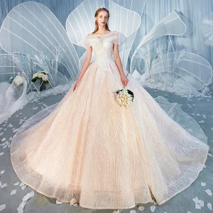 Fine Champagne Brudekjoler 2019 Ballkjole Scoop Halsen Fantastiske Unike Korte Ermer Ryggløse Glitter Tyll Cathedral Train Buste