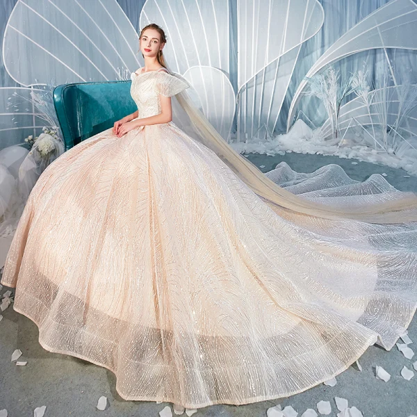 Chic / Beautiful Champagne Wedding Dresses 2019 Ball Gown Scoop Neck Amazing / Unique Short Sleeve Backless Glitter Tulle Cathedral Train Ruffle