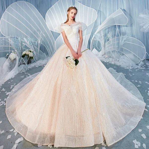 Chic / Beautiful Champagne Wedding Dresses 2019 Ball Gown Scoop Neck Amazing / Unique Short Sleeve Backless Glitter Tulle Cathedral Train Ruffle