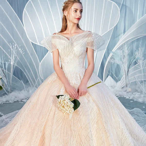 Chic / Beautiful Champagne Wedding Dresses 2019 Ball Gown Scoop Neck Amazing / Unique Short Sleeve Backless Glitter Tulle Cathedral Train Ruffle