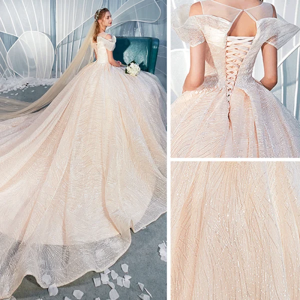 Chic / Beautiful Champagne Wedding Dresses 2019 Ball Gown Scoop Neck Amazing / Unique Short Sleeve Backless Glitter Tulle Cathedral Train Ruffle