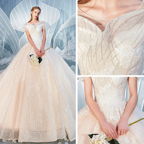 Chic / Beautiful Champagne Wedding Dresses 2019 Ball Gown Scoop Neck Amazing / Unique Short Sleeve Backless Glitter Tulle Cathedral Train Ruffle