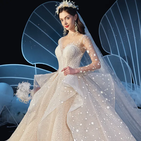 Stunning See-through Ivory Star Wedding Dresses 2019 Ball Gown High Neck Long Sleeve Backless Handmade  Beading Glitter Tulle Cathedral Train Ruffle