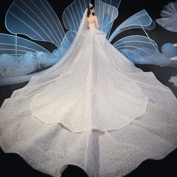 Stunning See-through Ivory Star Wedding Dresses 2019 Ball Gown High Neck Long Sleeve Backless Handmade  Beading Glitter Tulle Cathedral Train Ruffle