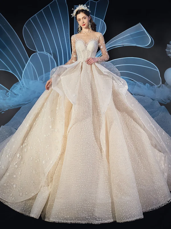 Stunning See-through Ivory Star Wedding Dresses 2019 Ball Gown High Neck Long Sleeve Backless Handmade  Beading Glitter Tulle Cathedral Train Ruffle