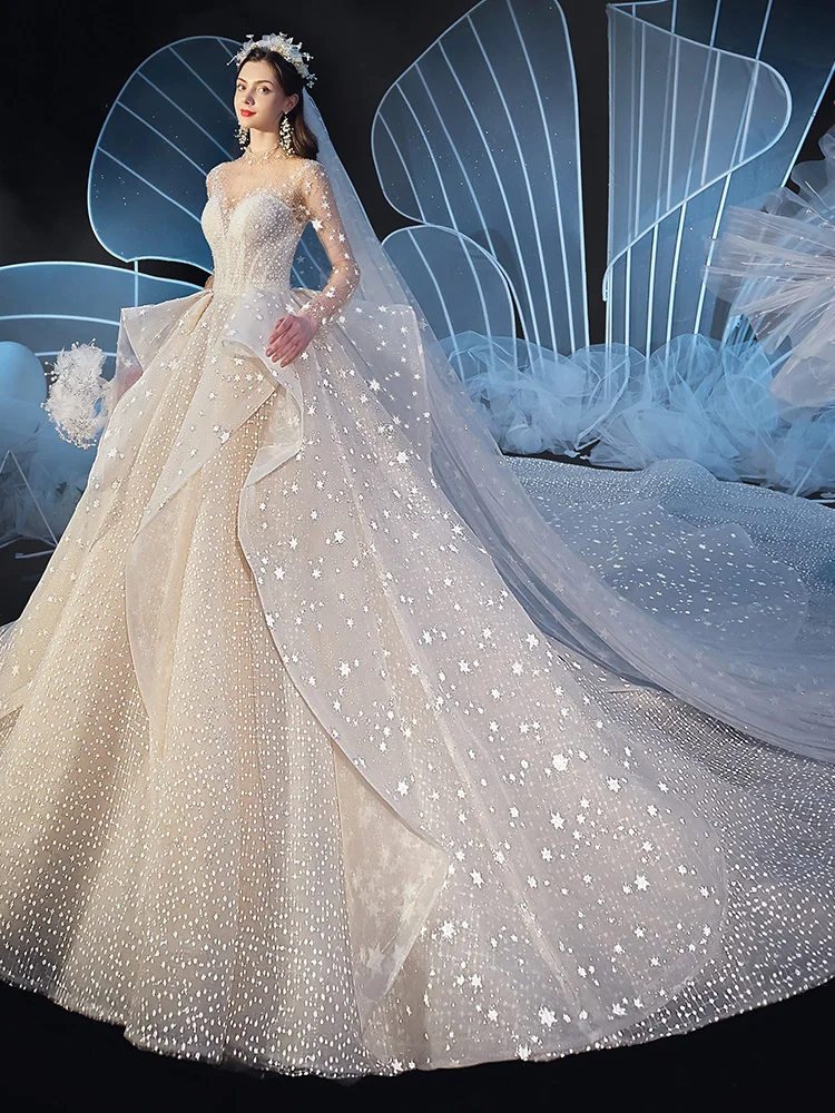Stunning See Through Ivory Star Wedding Dresses 2019 Ball Gown High Neck Long  Sleeve Backless Handmade Beading Glitter Tulle Cathedral Train Ruffle