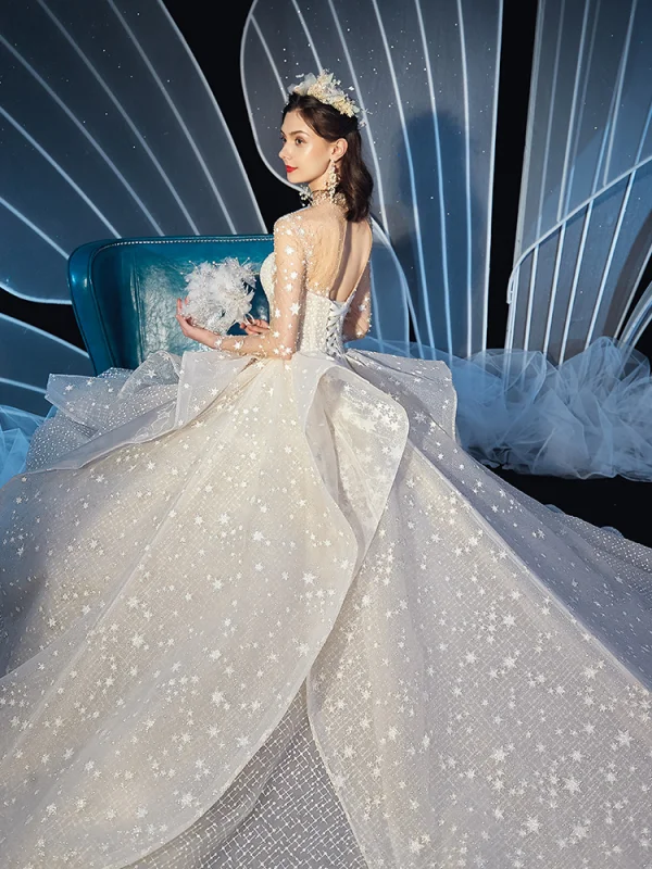 Stunning See-through Ivory Star Wedding Dresses 2019 Ball Gown High Neck Long Sleeve Backless Handmade  Beading Glitter Tulle Cathedral Train Ruffle