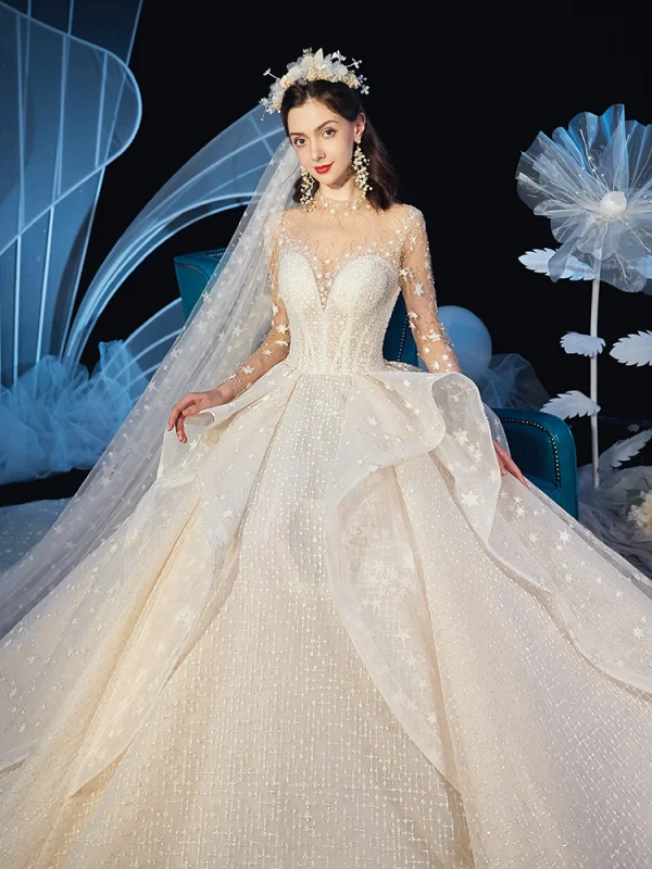 Stunning See-through Ivory Star Wedding Dresses 2019 Ball Gown High Neck Long Sleeve Backless Handmade  Beading Glitter Tulle Cathedral Train Ruffle