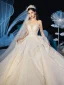 Stunning See-through Ivory Star Wedding Dresses 2019 Ball Gown High Neck Long Sleeve Backless Handmade  Beading Glitter Tulle Cathedral Train Ruffle