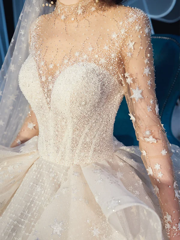 Stunning See-through Ivory Star Wedding Dresses 2019 Ball Gown High Neck Long Sleeve Backless Handmade Beading Glitter Tulle Cathedral Train Ruffle