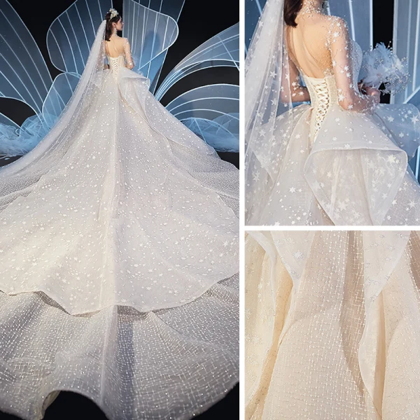 Stunning See-through Ivory Star Wedding Dresses 2019 Ball Gown High Neck Long Sleeve Backless Handmade  Beading Glitter Tulle Cathedral Train Ruffle