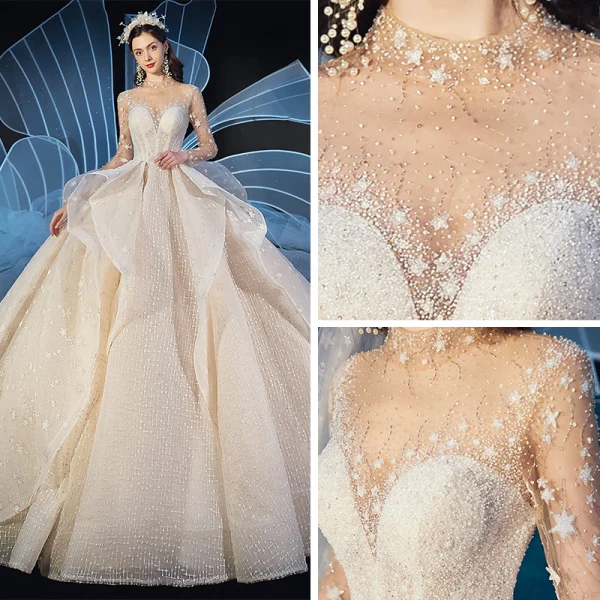 Stunning See-through Ivory Star Wedding Dresses 2019 Ball Gown High Neck Long Sleeve Backless Handmade  Beading Glitter Tulle Cathedral Train Ruffle