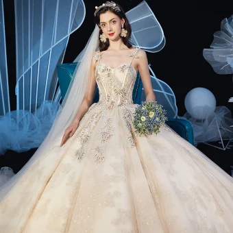 Chic Beautiful Champagne Wedding Dresses 2019 Ball Gown Spaghetti Straps Sleeveless Backless Glitter Appliques Lace Beading Cathedral Train Ruffle