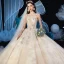 Chic / Belle Champagne Robe De Mariée 2019 Robe Boule Bretelles Spaghetti Sans Manches Dos Nu Glitter Appliques En Dentelle Perlage Cathedral Train Volants